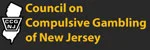 Logo for the Council on Compulsive Gambling of New Jersey, featuring a white outline of the state with “CCG NJ” text and the organizations name in yellow on a dark background.