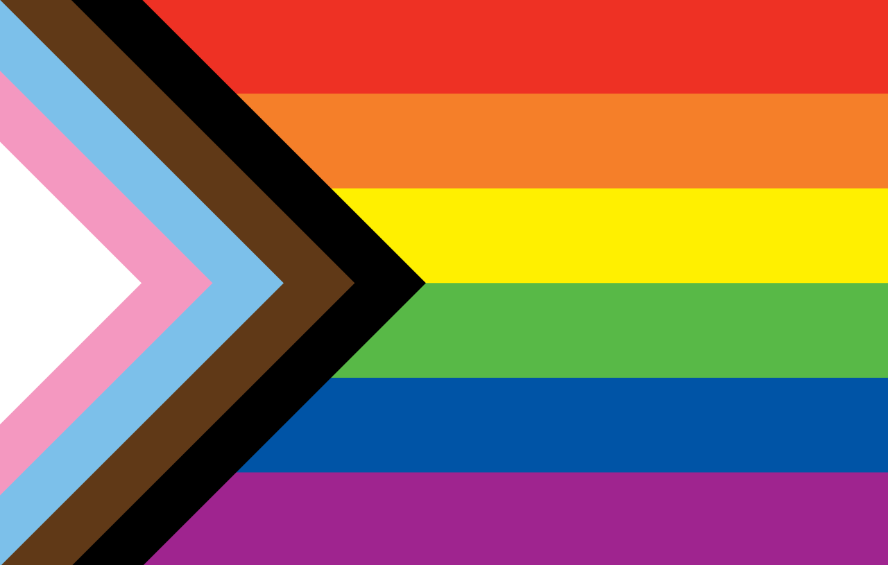 The image shows the Progress Pride Flag, featuring horizontal stripes of red, orange, yellow, green, blue, and purple, with a chevron of black, brown, light blue, pink, and white stripes on the left side.