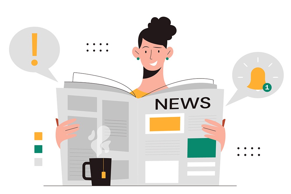 Illustration of a person smiling while reading a newspaper, with a coffee mug in front. Notification and exclamation icons appear in speech bubbles, suggesting important news or alerts.