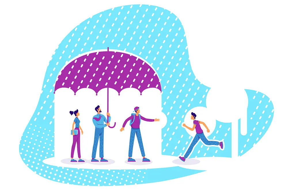 team under umbrella 2D cartoon