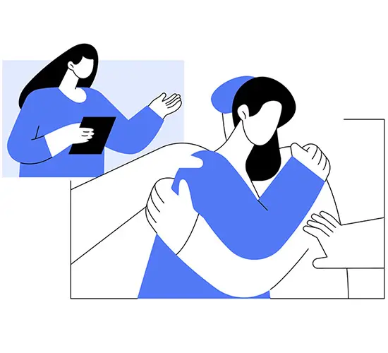 Minimalist illustration of two people hugging, with another person in a blue shirt holding a clipboard and gesturing, possibly offering support or guidance. The design uses blue and black lines on a white background.
